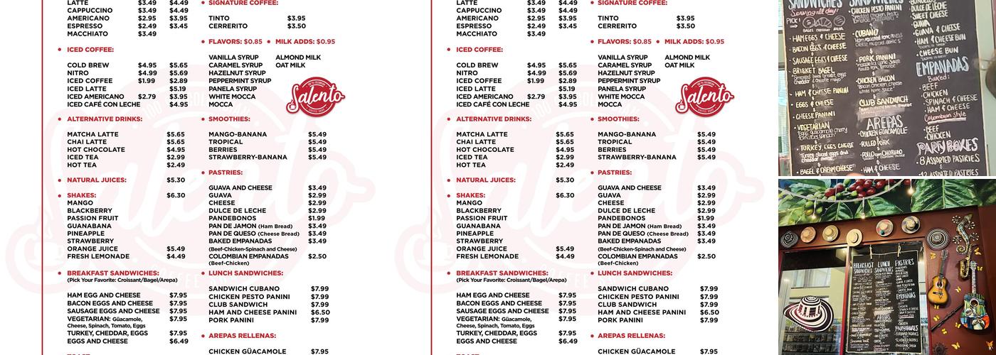 Salento Coffee, Colombian coffee and espresso bar. Menu