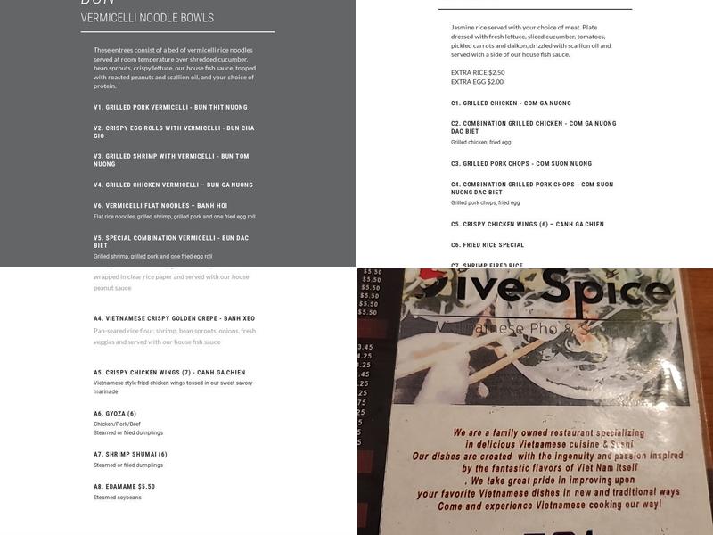 FIVE SPICE VIETNAMESE Menu