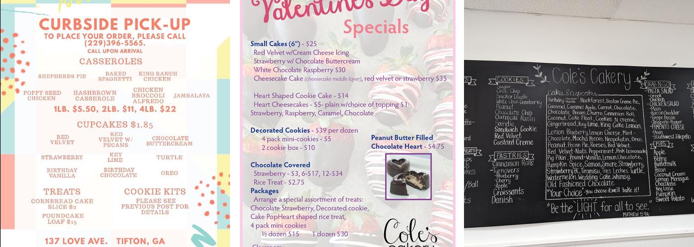 Cole's Cakery Menu