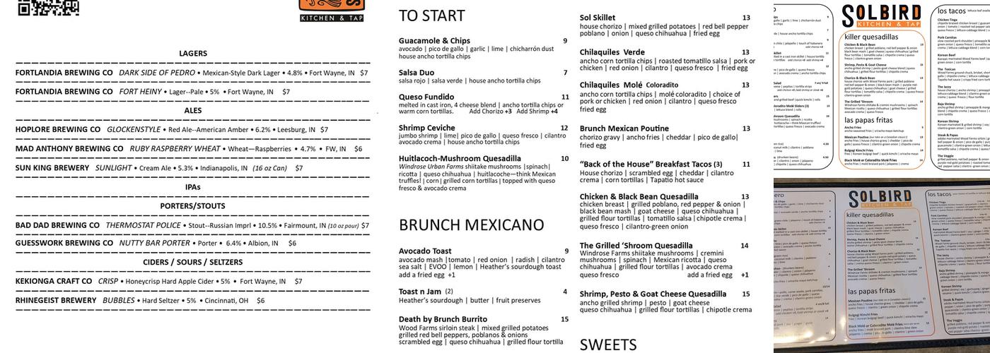 SOLBIRD Kitchen & Tap Menu