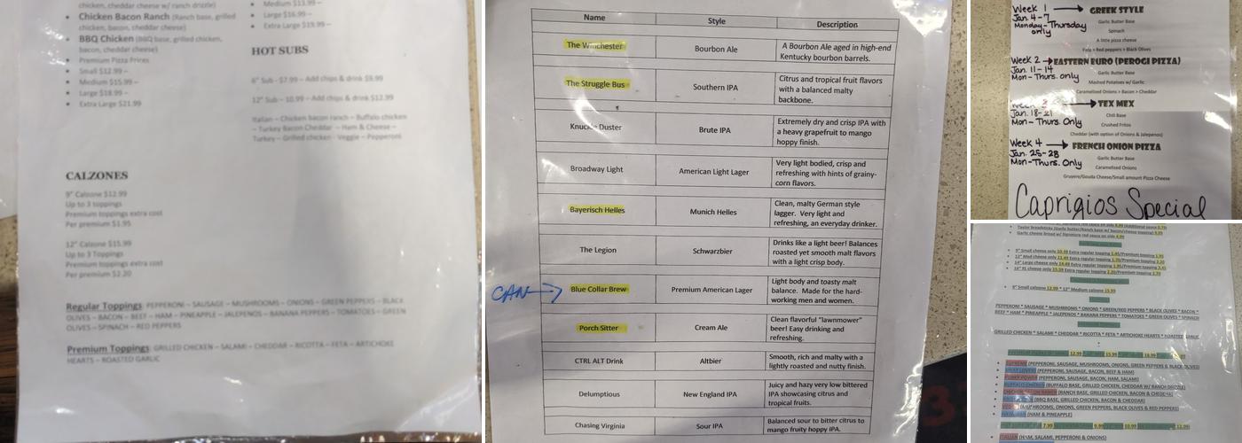 Caprigios Pizza Menu