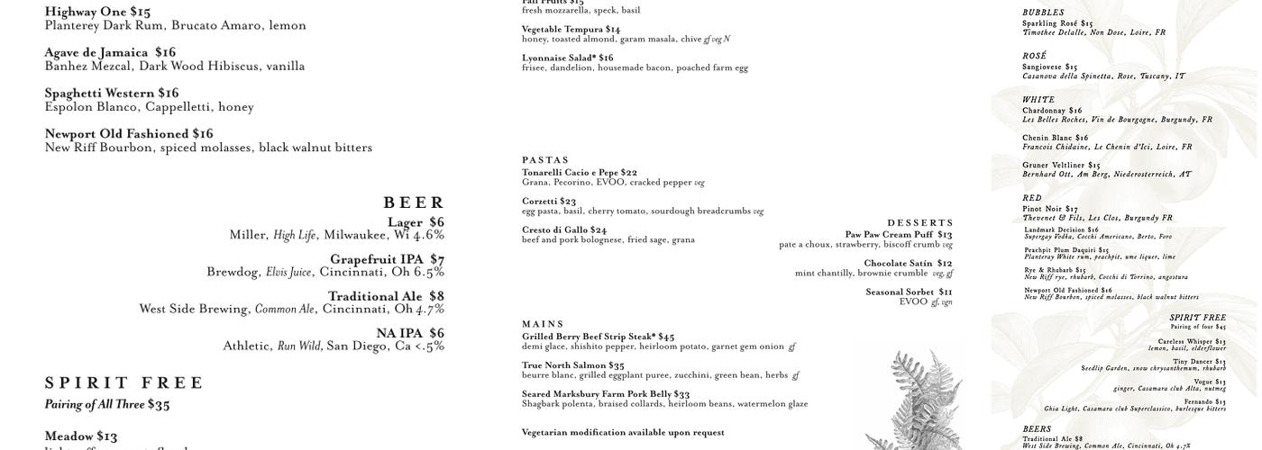 The Baker's Table Menu