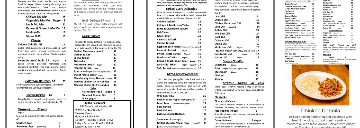 Mitho Restaurant Menu