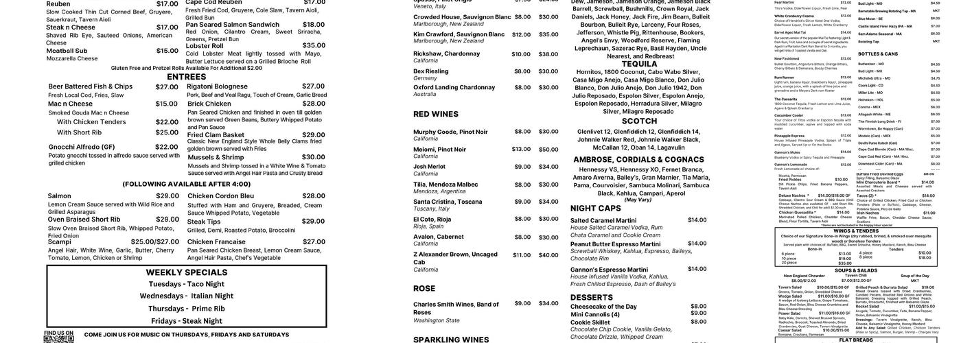 Gannon's Tavern Menu