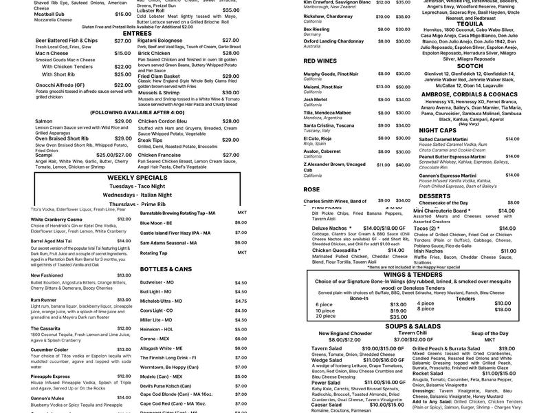 Gannon's Tavern Menu
