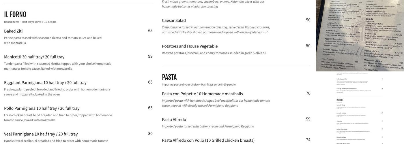 Rosalie's Trattoria Menu