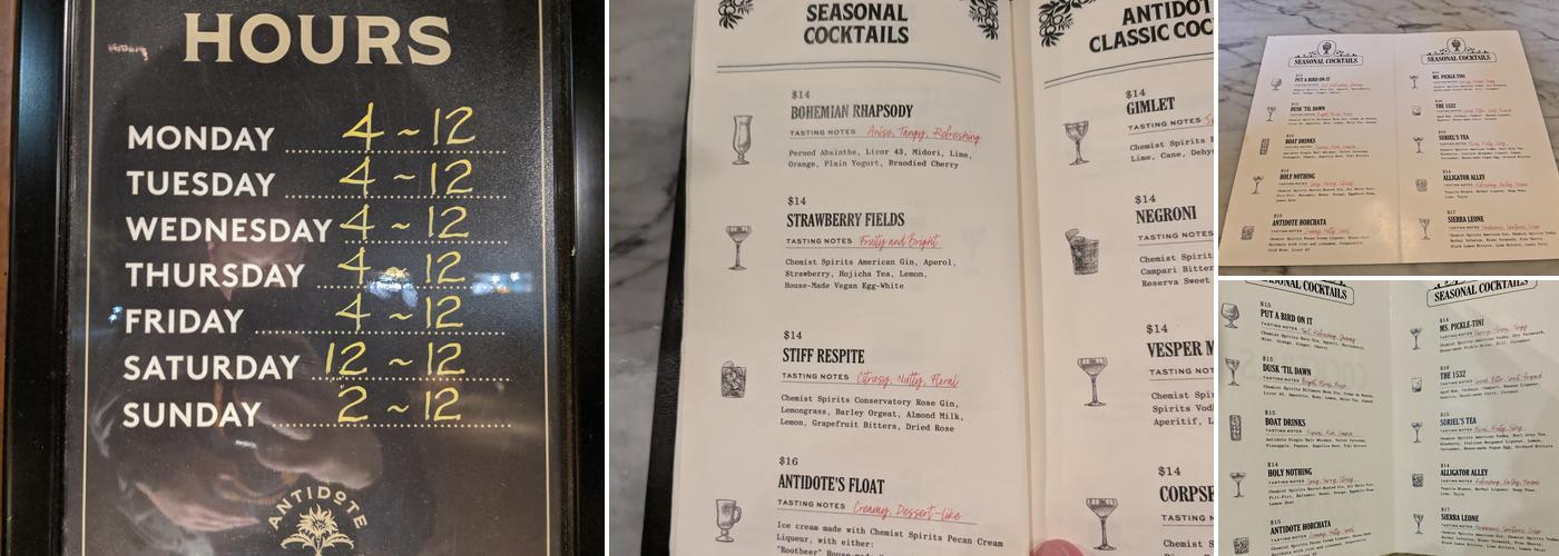 Antidote at Chemist Spirits Menu