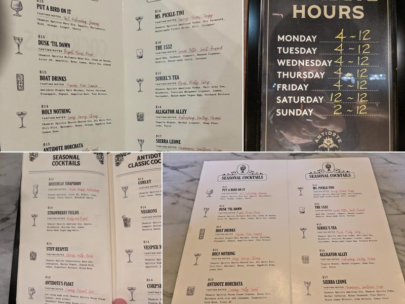 Antidote at Chemist Spirits Menu