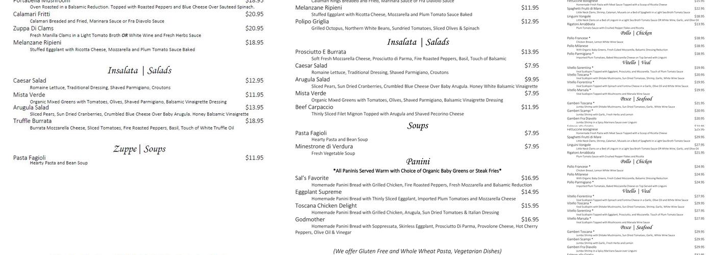 Toscana Trattoria Ristorante Italiano Menu