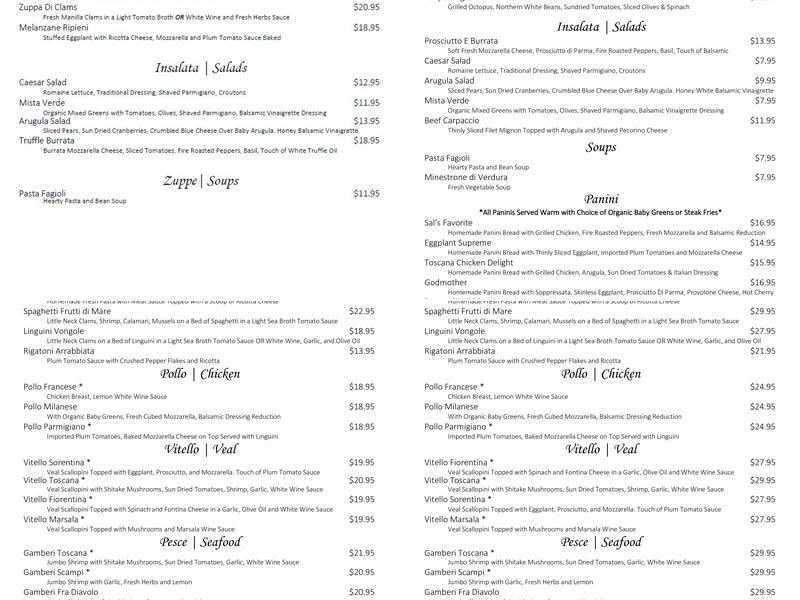 Toscana Trattoria Ristorante Italiano Menu