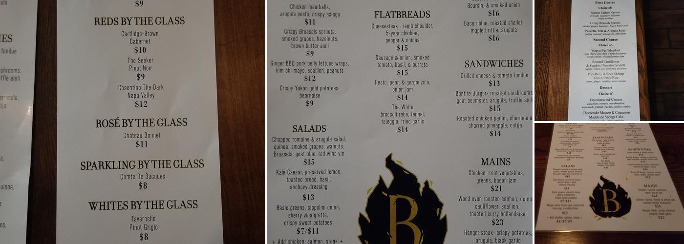 Bonfire Food and Drink Menu