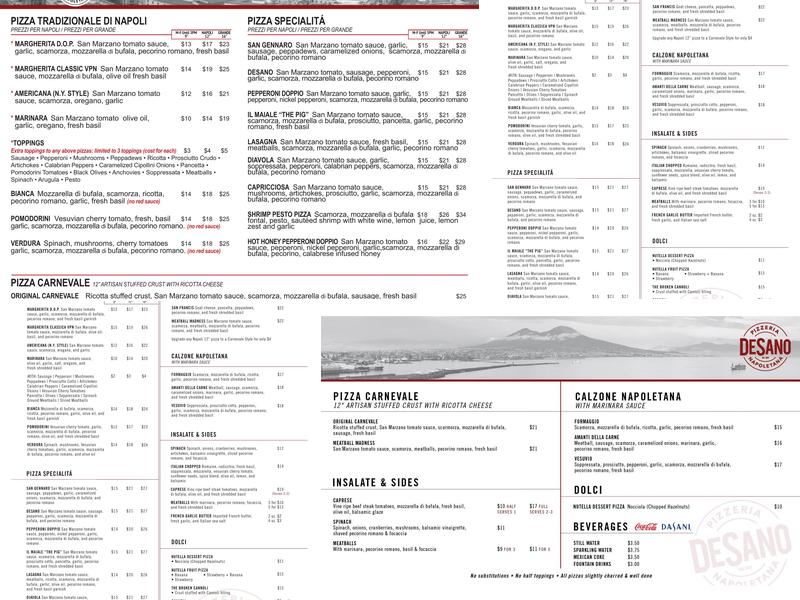 DeSano Pizzeria Napoletana Menu