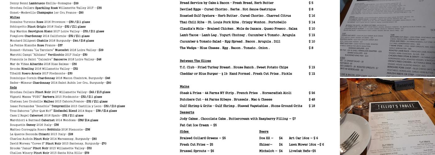 Elliot's Table Menu