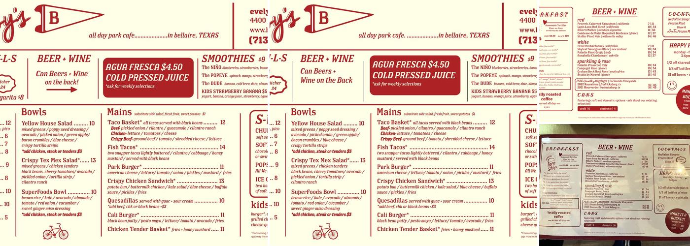 Betsy's at Evelyn's Park Menu