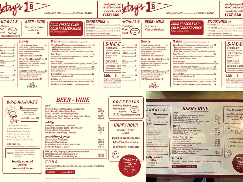 Betsy's at Evelyn's Park Menu