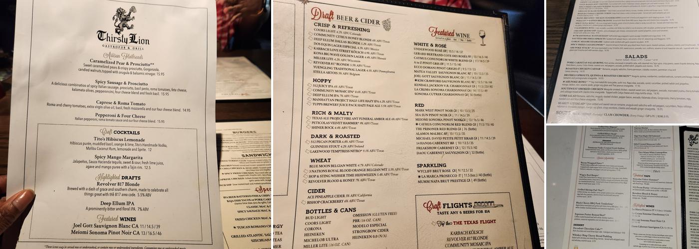 Thirsty Lion Menu