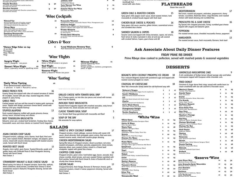 Water’s Edge Winery Menu