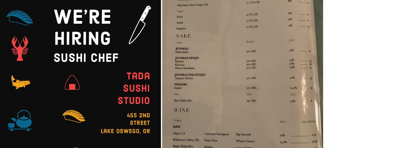 Tada Sushi Studio Menu