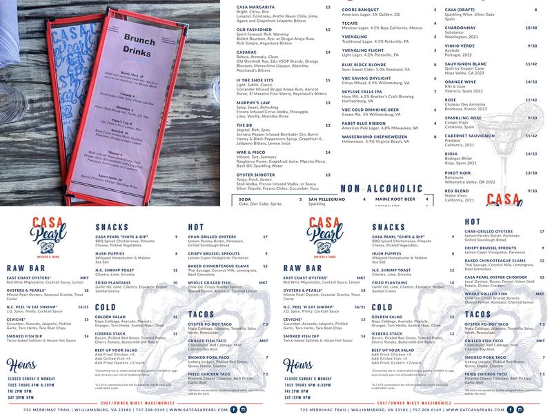 Casa Pearl Menu