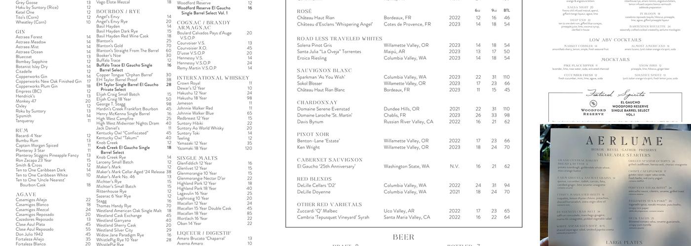 Aerlume Seattle Menu