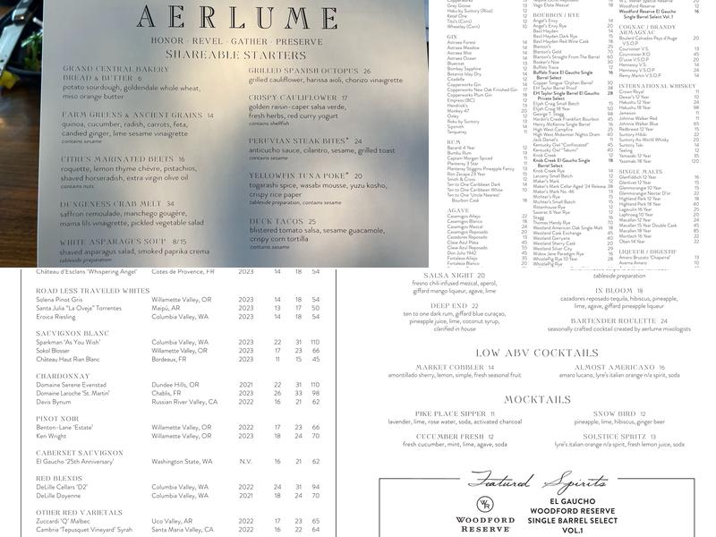 Aerlume Seattle Menu