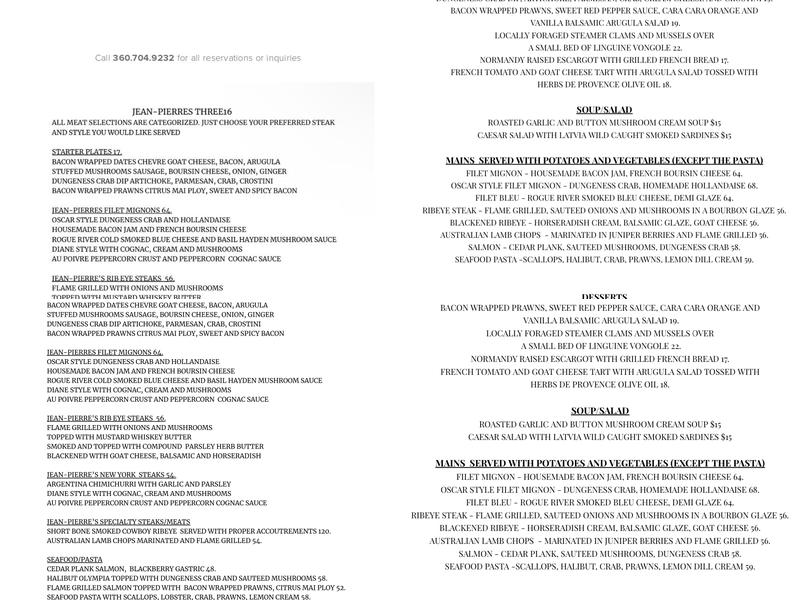 jean-pierre's three16 Menu