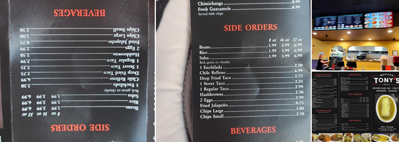 Tony's Mexican Grill Riverside Menu