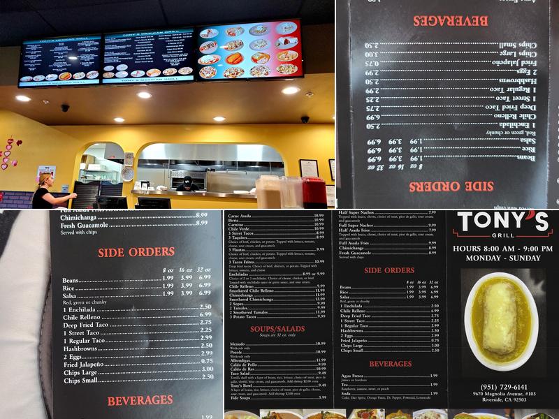 Tony's Mexican Grill Riverside Menu