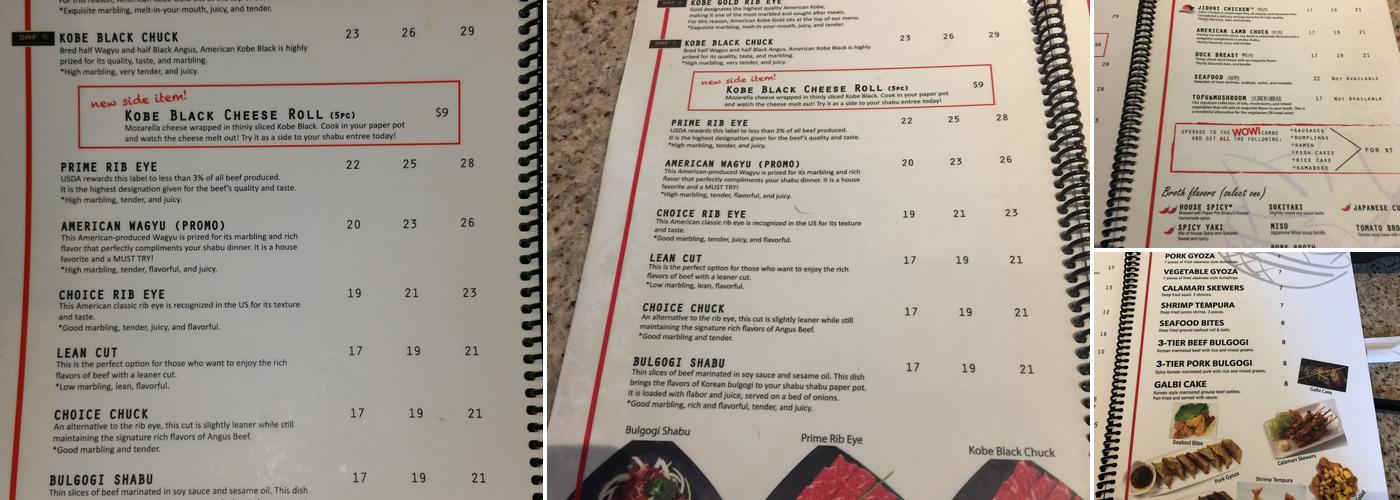 Paper Pot Shabu Shabu Menu