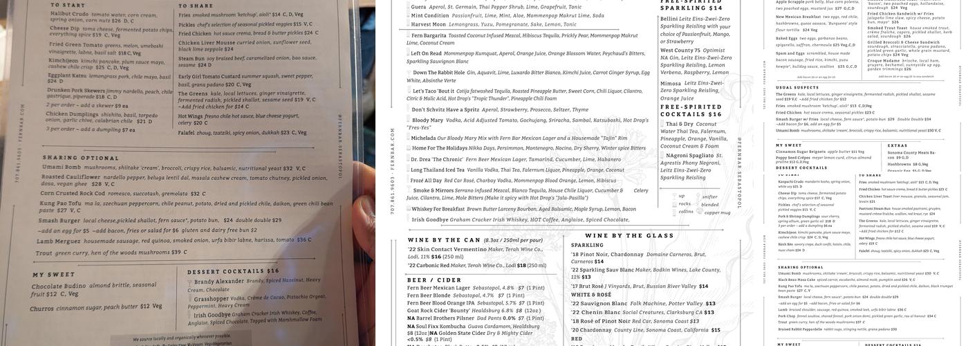 Fern Bar Menu