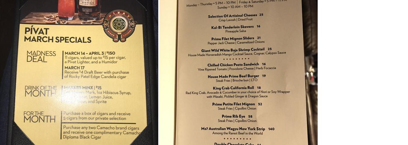 Pívat Cigar Lounge Menu