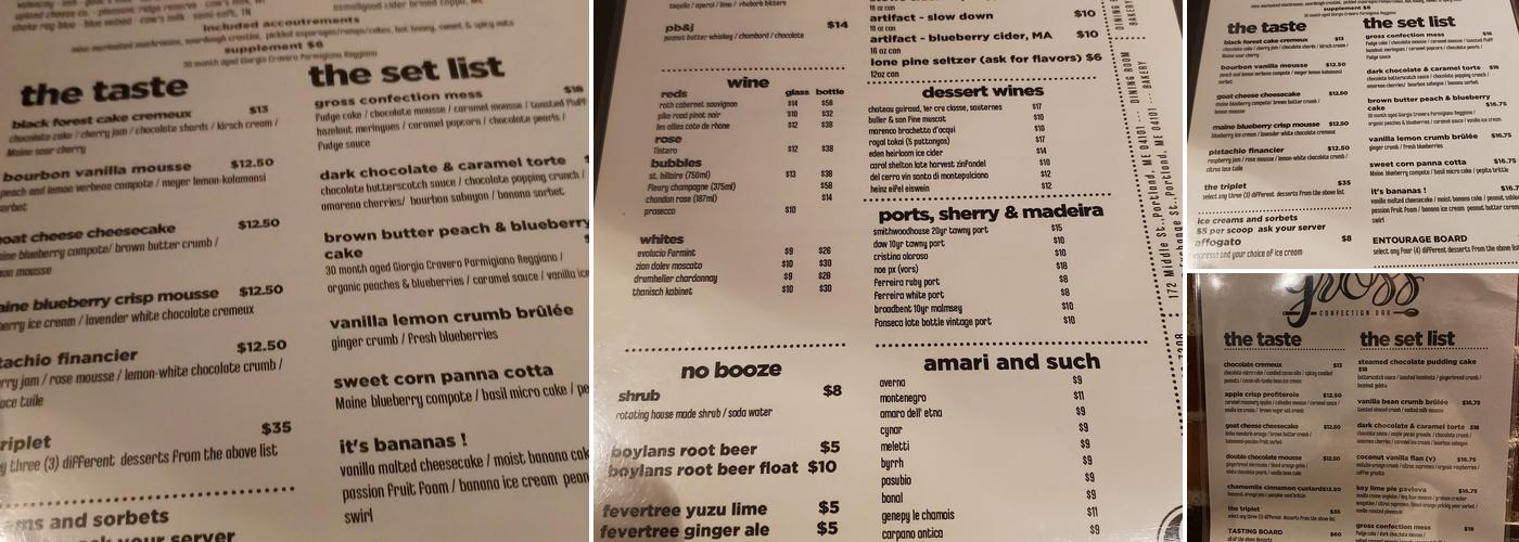 Gross Confection Bar Menu