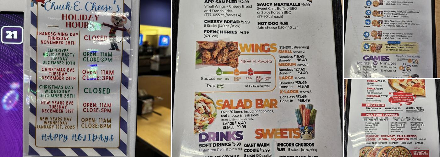 Chuck E. Cheese Menu