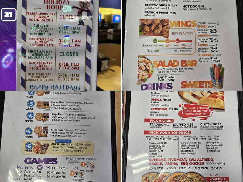 Chuck E. Cheese Menu