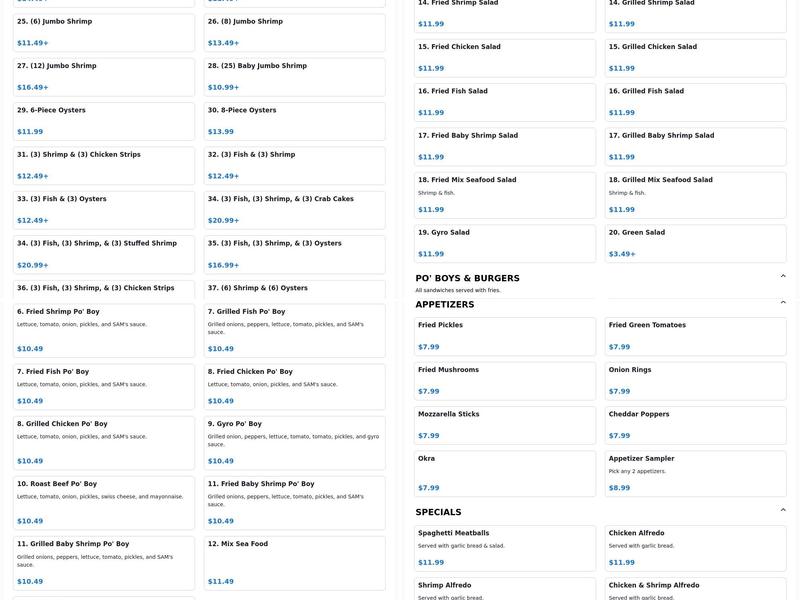 Sam's Southern Eatery Menu