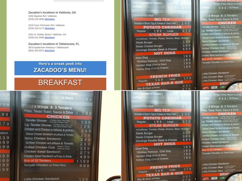 Zacadoo's Menu
