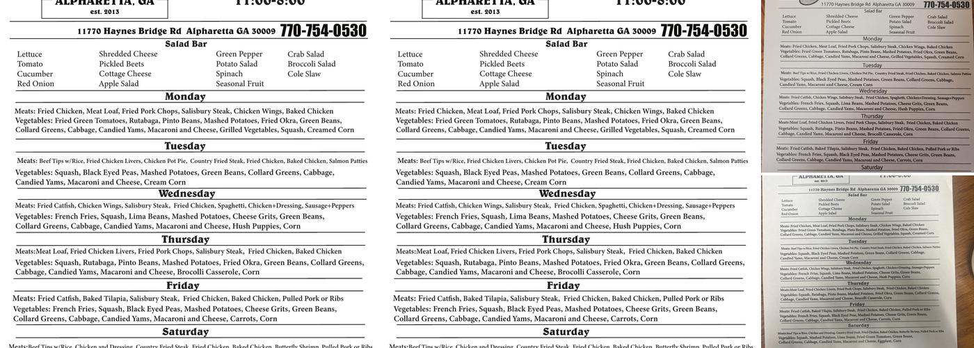 AJ's Home Cooking Menu