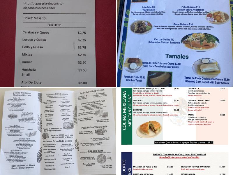 Pupusería Rinconcito Hispano Menu