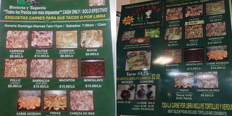 Colima Taqueria Menu