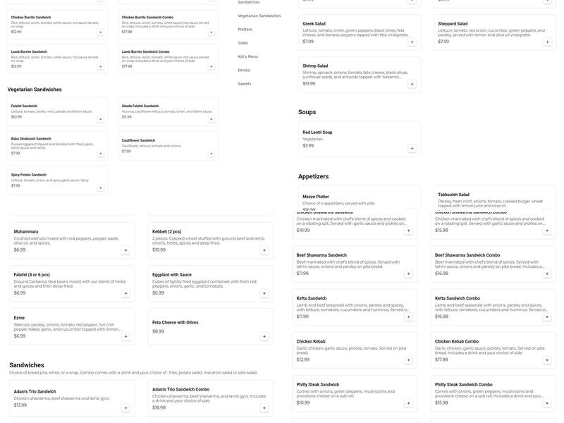 Adam’s kitchen Menu