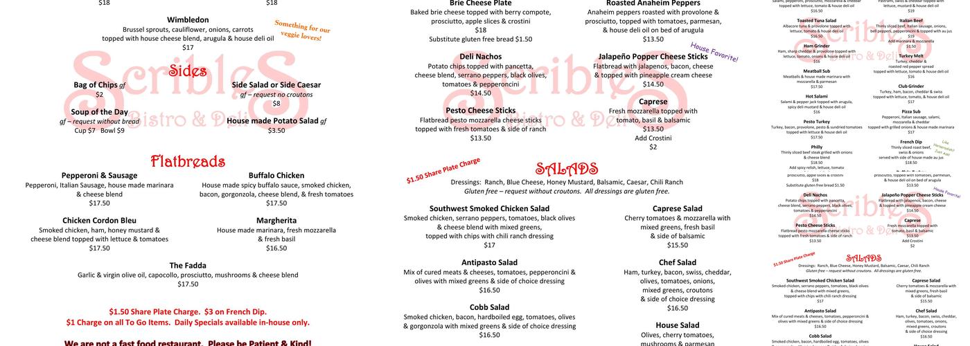 Scribles Bistro & Deli Menu