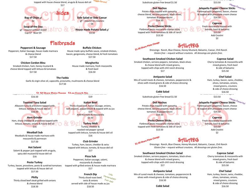 Scribles Bistro & Deli Menu