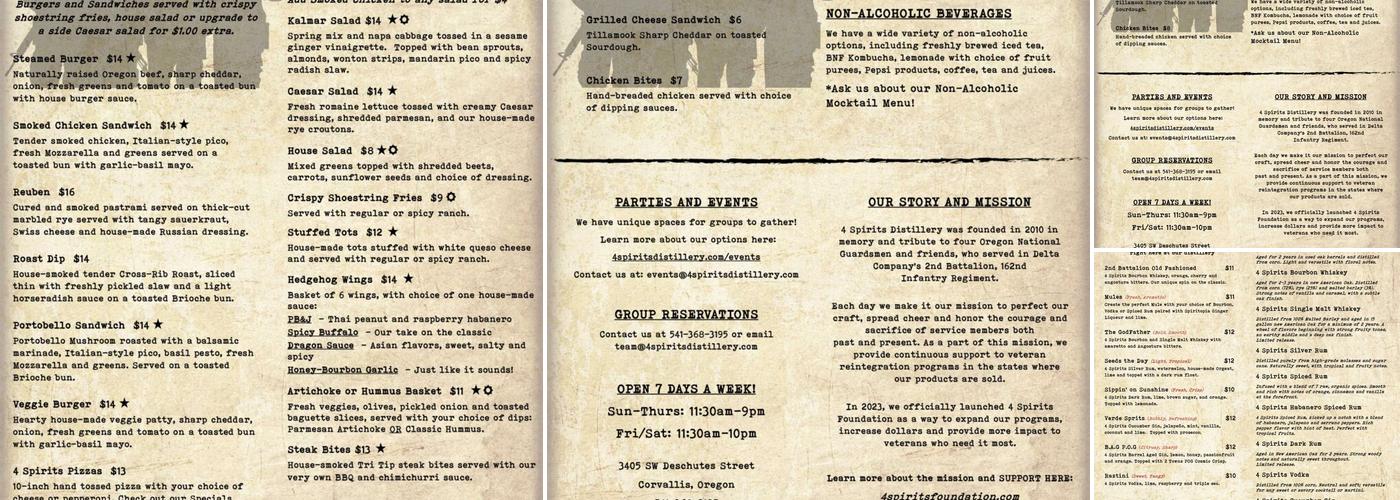 4 Spirits Distillery Menu