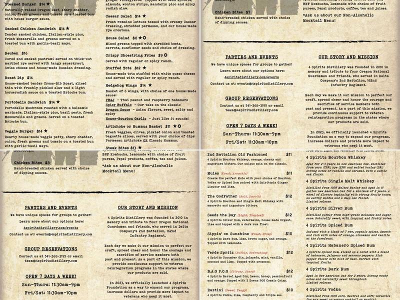 4 Spirits Distillery Menu