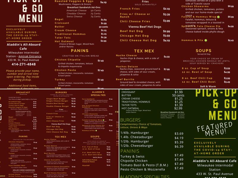 Aladdin's All Aboard Cafe Menu