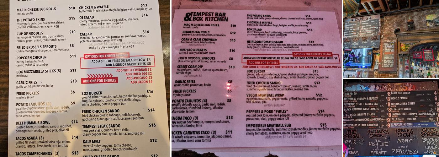 Tempest Bar & Box Kitchen Menu