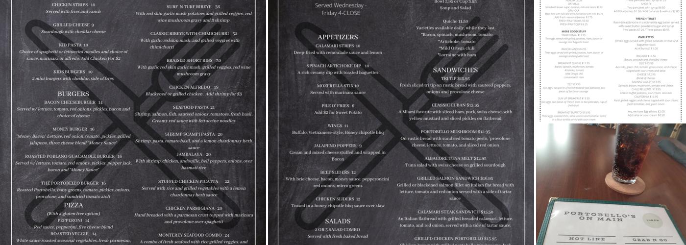Portobello's on Main Menu