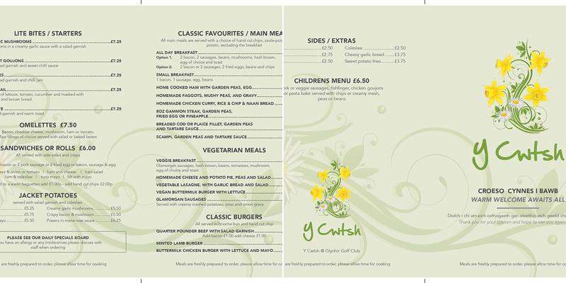 Glynhir Golf Shop Menu