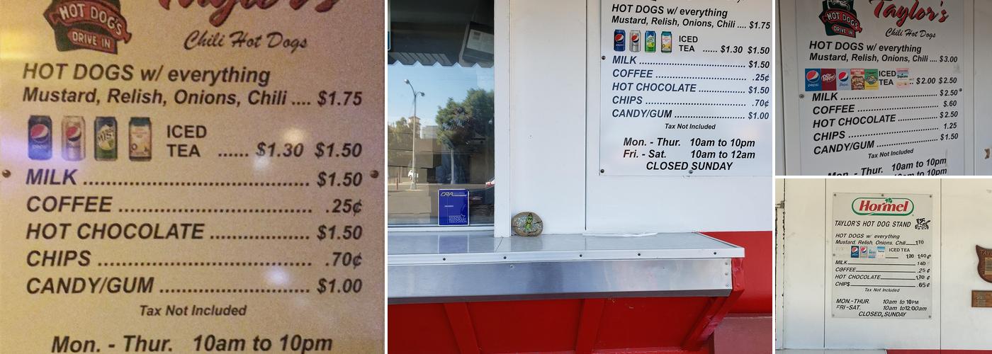 Taylor Brothers Hot Dog Stand Menu