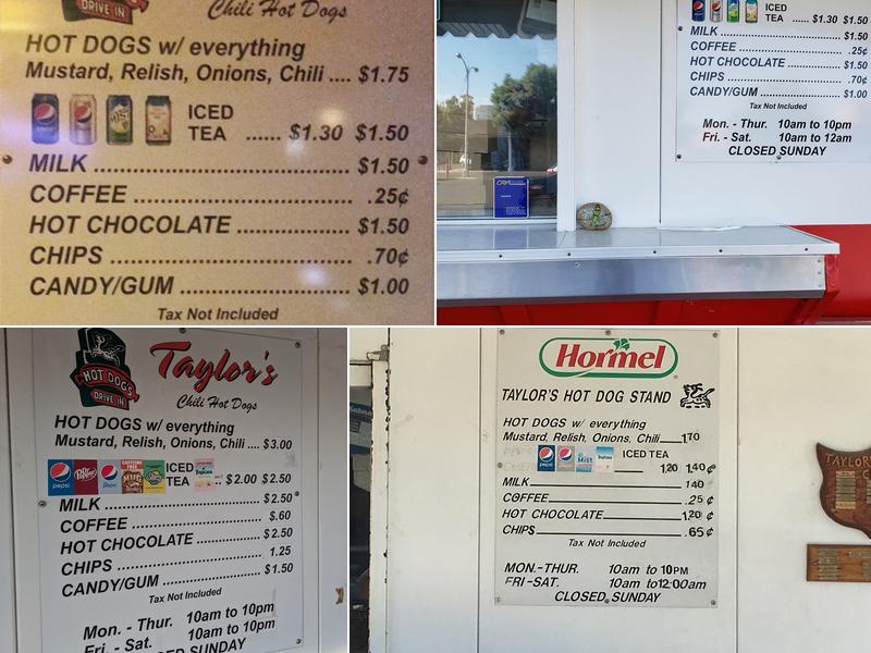 Taylor Brothers Hot Dog Stand Menu